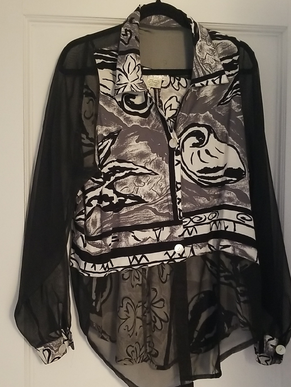 One Of A Kind.Sheer Black & Gray Floral Print Button-Down Blouse